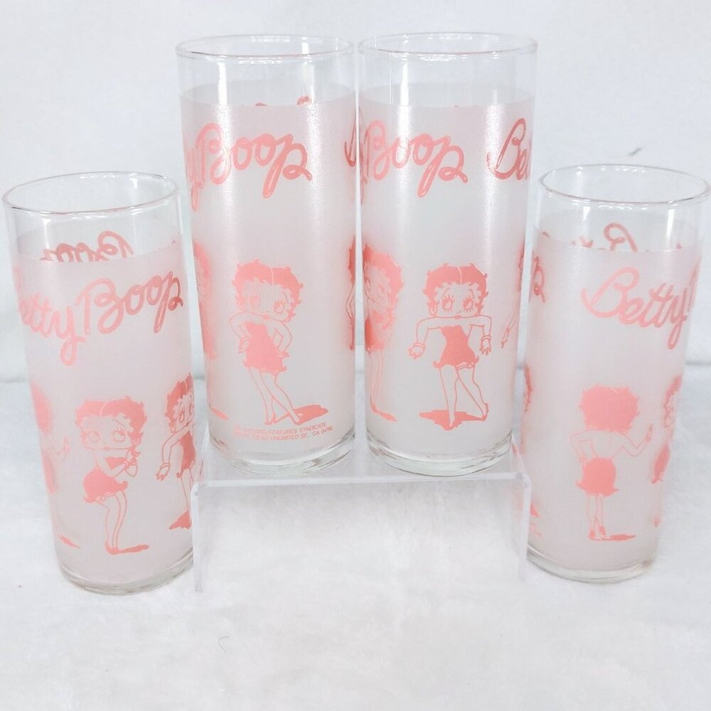 Betty Boop Pink Drinking Frosted Glasses Set Of 4 10 Oz Slim 1988 Vintage - Picture 8 of 8